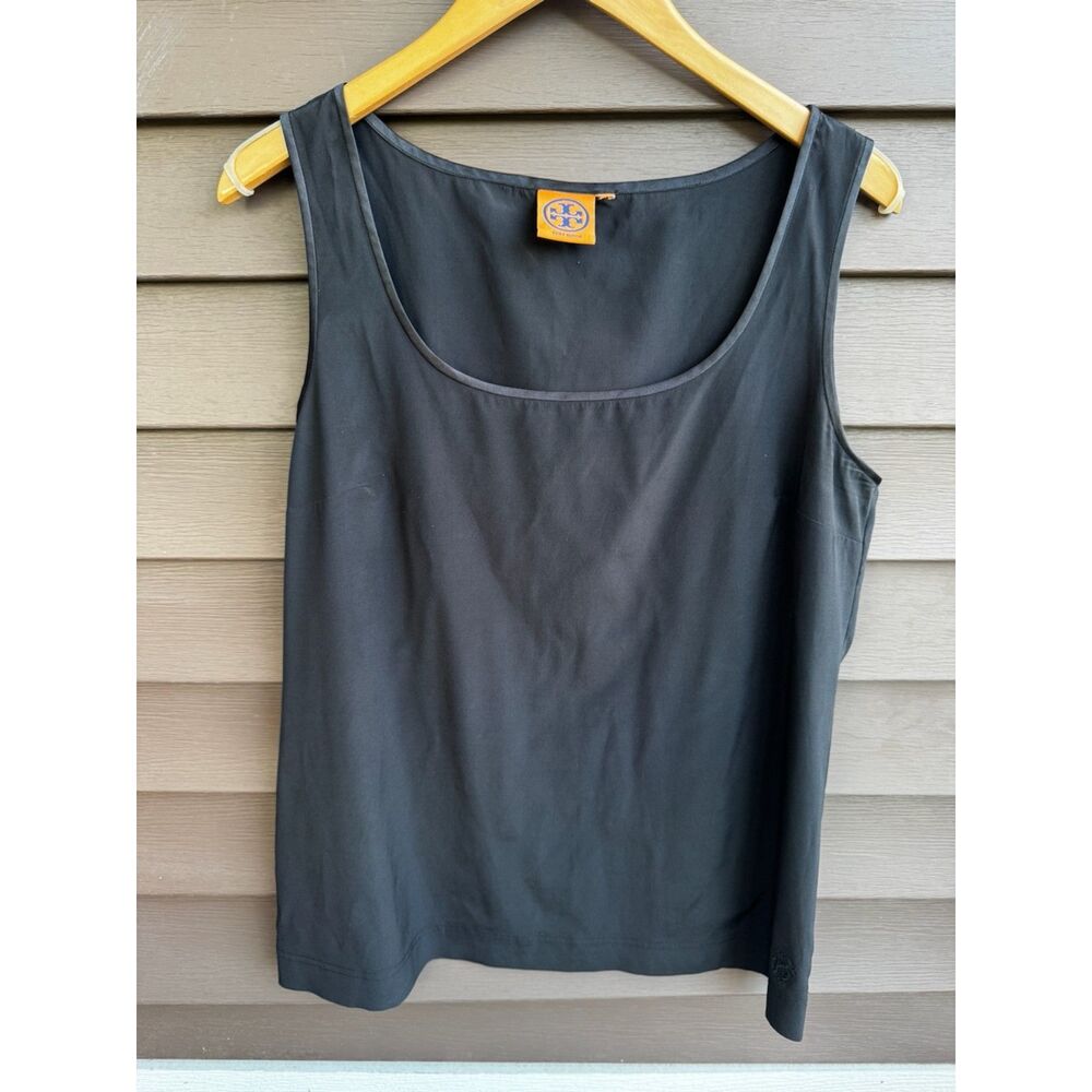 Tory Burch Silk Blend Black Camisole Tank Top Satin Trim Semi Sheer Large